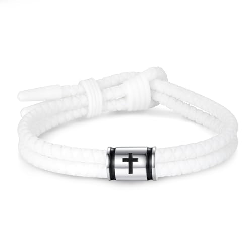 Silicone Christian Cross Braided Rope Bracelets for Men Women - color: White with Silver Cross Bead