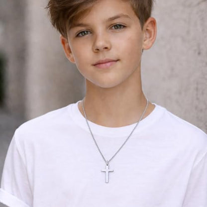 Small Cross Necklace for Boys Baptism Christmas Confirmation Valentines Easter Birthday Gifts to Teens Son Grandson Nephew - color: silver, style: Happy Birthday