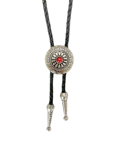 MULBA Vintage American Western Cowboy Indian Art Stone Leather Bolo Tie For Men Women - color: Flowers01-red