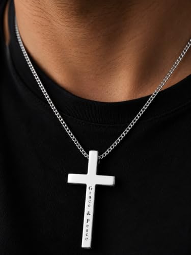 Engraved Cross Necklace for Men, Women & Boys & Girls Cross Necklace, Stainless Steel Cross Pendant Necklace, Faith & Inspiration Christian Jewelry Gift - color: Grace & Peace