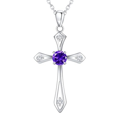 Cross Necklace for Women,925 Sterling Silver Faith Jewerly Gift - color: 02-February-Amethyst