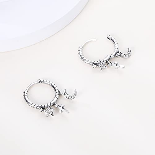 Hapour 925 Sterling Silver Earrings Small Star Moon Cross Snake Bone Cute Drop Dangle Earrings with Cubic Zirconia Unique Jewelry Gift for Women