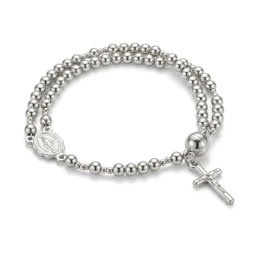 Cross Rosary Bracelet for Women Handcrafted Crystal Virgin Mary Cross Beaded Bracelets Christian Faith Link Bracelets Crucifix Religious Christian Faith Jewelry - color: Silver