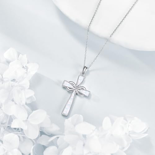 Infinity Cross Necklace S925 Sterling Silver Turquoise/Wooden/Opal/Abalone Cross Pendant Necklaces Christian Jewelry Gifts For Women - style: Opal