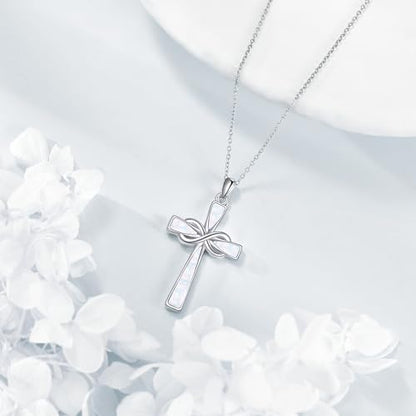 Infinity Cross Necklace S925 Sterling Silver Turquoise/Wooden/Opal/Abalone Cross Pendant Necklaces Christian Jewelry Gifts For Women - style: Opal