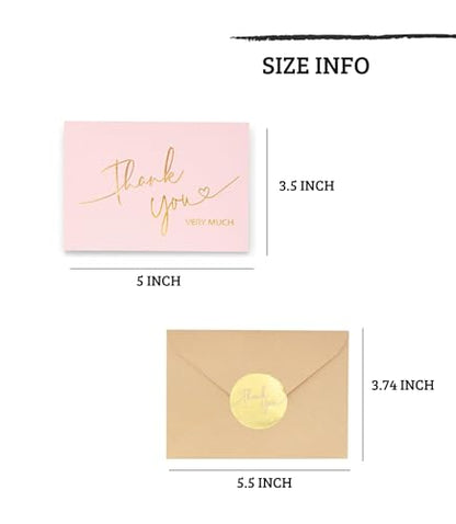 Winoo Design 100 PK Pink and Gold Thank You Cards with Envelopes Bulk - 5 x 3.5 Inches Personalized Thank You Notes for Baby Shower Wedding Small Business Graduation Funeral Birthday - color: PINK