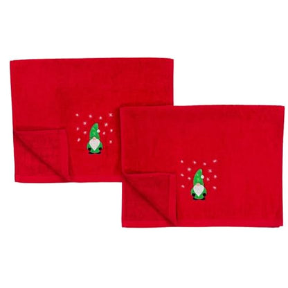 Christmas Red Guest Hand Bathroom Towels, Cute Festive Winter Gnome, 16x26" - color: Green Gnome on Red