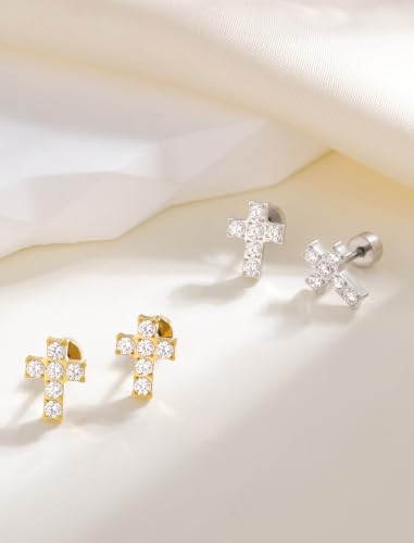 Limerencia Titanium Stud Earrings, Cross Earrings for Sensitive Ears - color: Silver +Screw Back with CZ