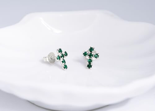 AeraVida Sparkling and Colorful Faith Cubic Zirconia Cross Sterling Silver Stud Earrings | Religious Pierced Jewelry Gift for Women | Christian Daily Wear Earrings - color: Dark Green