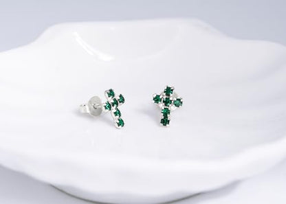 AeraVida Sparkling and Colorful Faith Cubic Zirconia Cross Sterling Silver Stud Earrings | Religious Pierced Jewelry Gift for Women | Christian Daily Wear Earrings - color: Dark Green