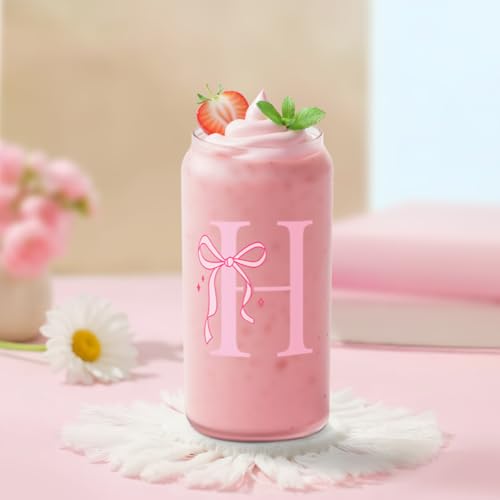 SANDJEST Monogrammed Glass Drinking Can Cup with Acrylic Lid and Straw, Personalized Frosted Iced Coffee Tumbler 16oz, Monogram Initial Gifts for Women Girls on Birthday (H) - color: H