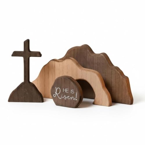 The Empty Tomb Easter Scene and Cross Decoration Wooden Easter Resurrection Scene Cross Decor Jesus Tomb Tray Set for Home Office Tabletop Religious Decoration