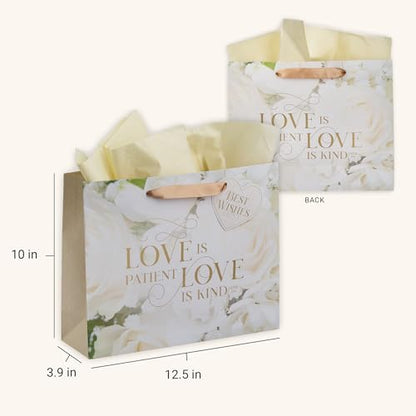 Christian Art Gifts Large Wedding Gift Bag with Tissue Paper - color: Love is Kind/White Rose, style: Large Landscape