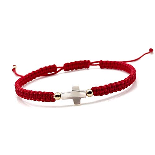 Adjustable Red String Hand-woven Bracelet with Mother of Pearl Cross - Spiritual Jewelry for Women