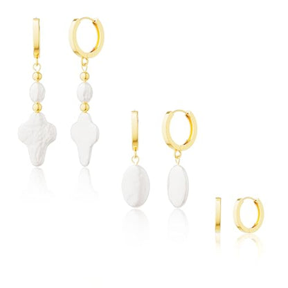Moodear Gold Earrings for Women, 14K Plated Pearl Earring Stack Jewelry - color: 3pc cross pearl drop