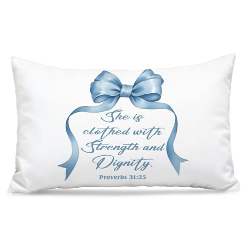 Blue Christian Bible Verse Pillow Covers 12x20, Preppy Girly Room Decor, Proverbs 31:25 Christian Decorative Throw Pillow Covers Pillowcases for Girls Bedroom Dorm Home Decor - color: Blue Bible(white02）