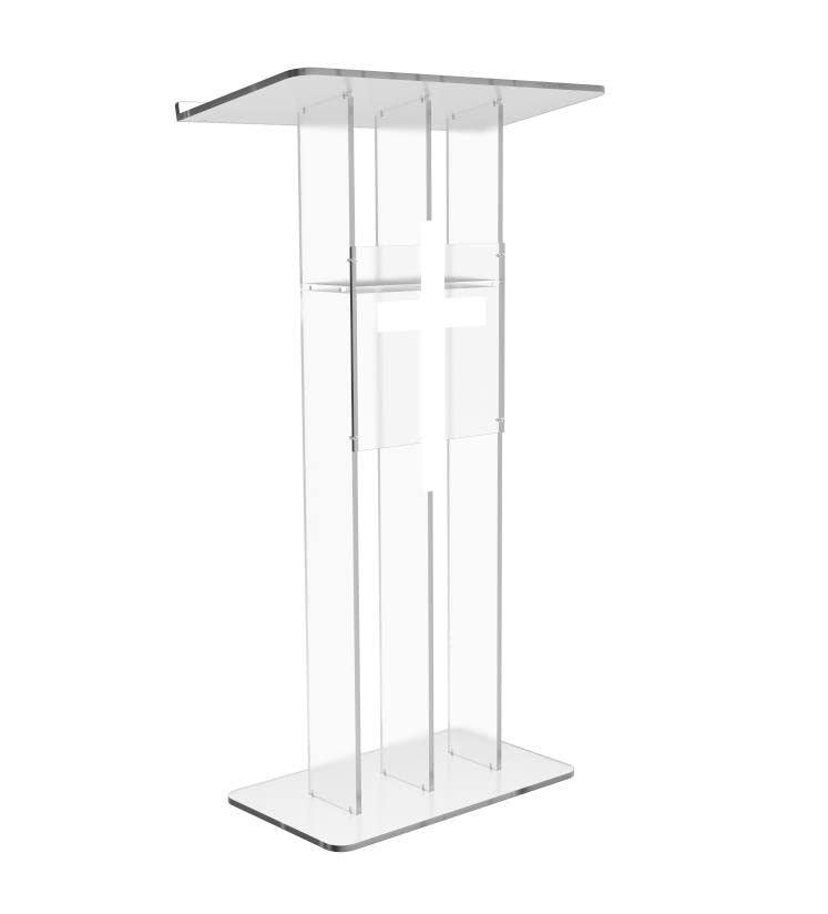 FixtureDisplays® Clear Podium Plexiglass Lecturn Transparent Church Pulpit with Christian Church White Cross Trinity Style Easy Assebmly Required 15411+1803CROSS