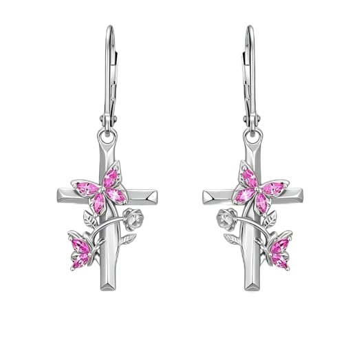 Butterfly Earrings for Women 925 Sterling Silver Birthstone Butterfly Cross Rose Dangle Earrings Elegant Butterfly's Jewelry Gift for Birthday Valentines Day Christmas - color: 10-October