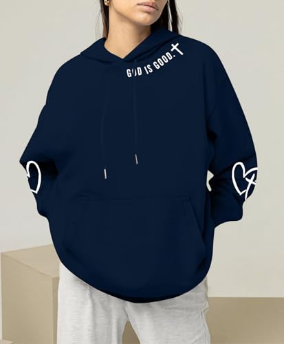 FAYALEQ Christian Sweatshirt For Women God Is Good Hoodies Graphic Tops - color: Dark Blue, size: Medium