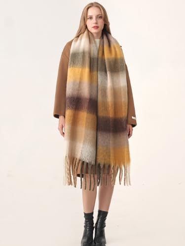 HOTIAN Women's Large Scarf Colorful Chunky Plaid Scarves Soft Winter Thick Tassel Warm Wrap Shawl - color: Yellow Curry (Gentleman)