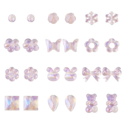 FASHEWELRY 120pcs Clear Acrylic Beads Transparent Mixed Cute Beads for Bracelets, Glitter Powder Bear Bowknot Rabbit Flower Pony Beads Bulk for DIY Keychain Necklace Jewelry Making - color: Clear, 12 Style