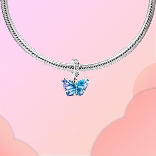 LUXILLA 925 Sterling Silver Charm Golden Family Tree Sparkling Cross Cute Dragon Charms Fits Bracelets Necklace Pendant Bead Jewelry Gift for Women Family Friends - color: Blue Murano Glass Butterfly Charm