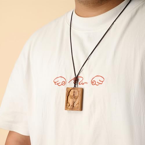 Wooden Archangel St. Michael Necklace, Carved Olive Wood, Wooden Religious Pendant Jewelry (Cross) - color: Square