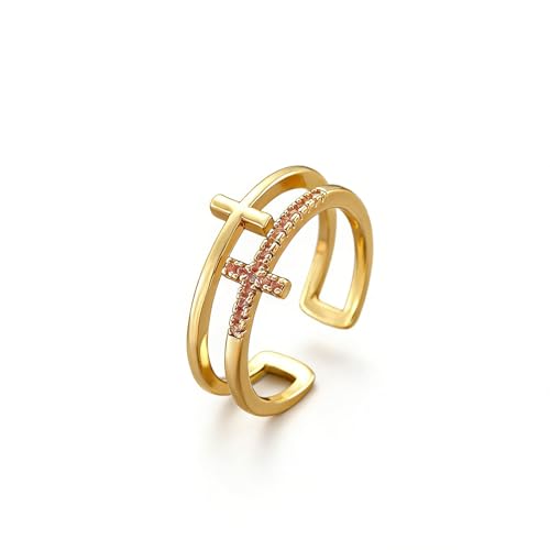 Sora Tuki Gold Cross Rings for Women Silver Adjustable Rings for Women Cubic Zirconia Heart Cross Purity Ring Dainty Stackable Ring for Women Christian Religious Jewelry - color: Golden, style: Double Cross