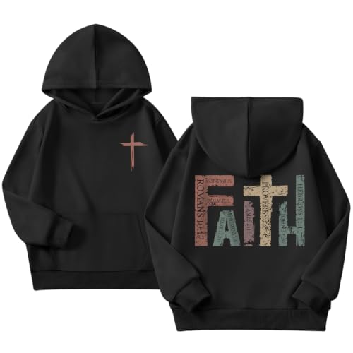 Girls Christian Hoodies Kids Jesus Faith Sweatshirts Cute Religious Graphic Sweater Inspirational God Bible Verse Top - color: Black, size: 5-6 Years