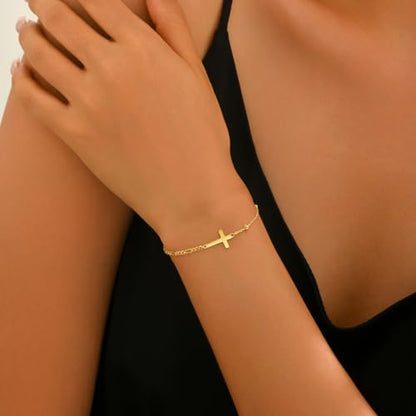 925 Sterling Silver Sideway Cross Charm Link Bracelet for Women - color: Gold