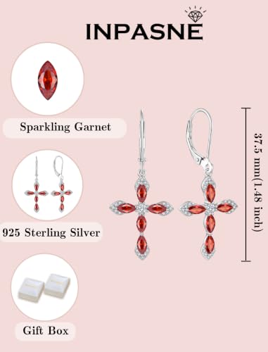 Birthstone Cross Earrings for Women 925 Sterling Silver - color: 01 January - Garnet