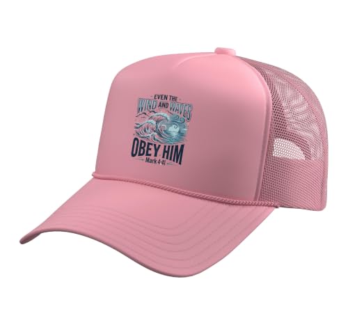 Christian Faith Bible Verse Jesus Wind and Waves Religious Trucker Hat with Adjustable Mesh Back - color: Pink