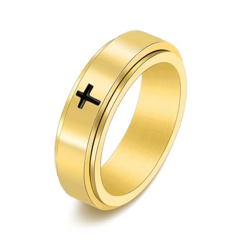 Fuqimanman2020 6mm Stainless Steel Cross Spinner Band Ring Stress Relief Christian Jesus Christ Lord Prayer Rotating Fidget for Men Women Anxiety Religious Engagement Wedding Jewelry - color: Gold
