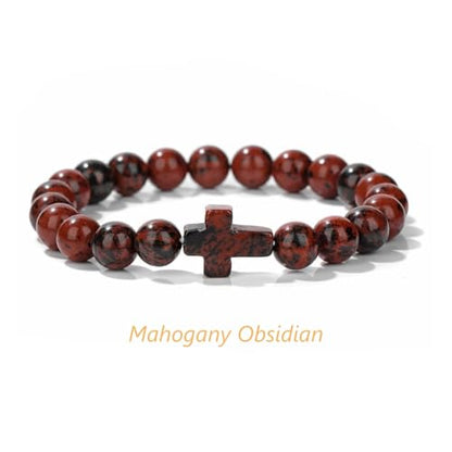 8mm Gemstone Cross Bracelet for Women Men – Stretch Beaded Faith Bracelet with Sideways Cross (Multiple Colors) - style: Mahogany Obsidian