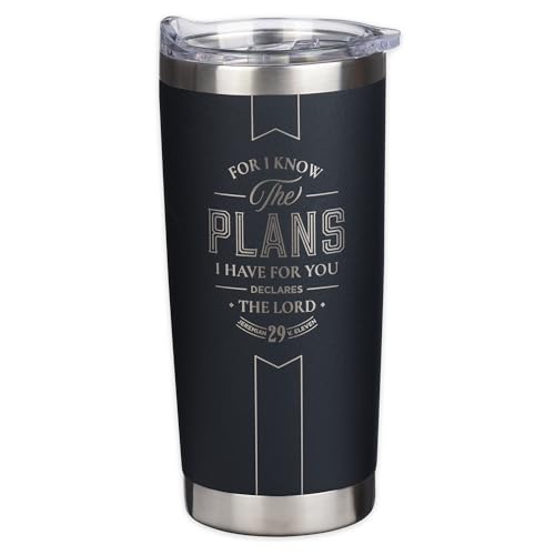 Christian Art Gifts Large Stainless Steel Inspirational Travel Tumbler for Men & Women: Know the Plans Encouraging Bible Verse, Engraved Double Wall Vacuum Insulated, Lid, 24hr Hot/Cold, Black, 18 oz. - color: Black/Know the Plans