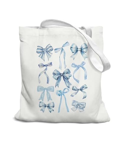 Coquette Bow Bible Canvas Tote Bag for Women Teens Teen Girls, Pink Bow Girls Tote Bag, Coquette Gifts - color: Blue Bow