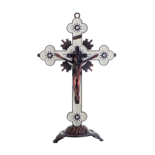 KOMI Catholic 5 Inch Metal Jesus Cross Stand, White Tabletop Crucifix for Home Office Church, Religious Decor - color: white-copper