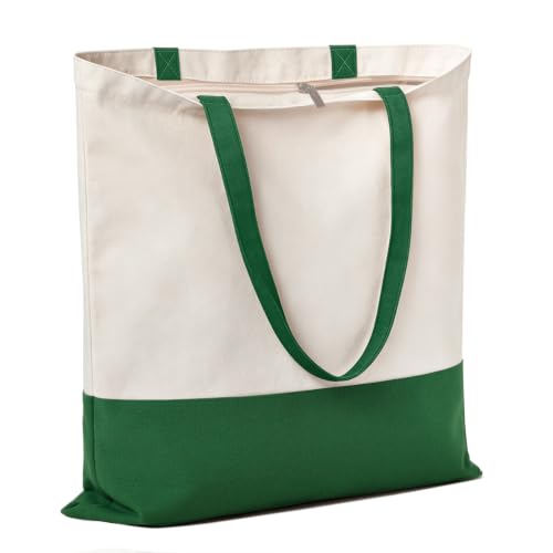 Canvas Tote Bag with Zipper, Halloween Trick or Treat Bags for Kids Bulk - color: [A2] Beige / Green