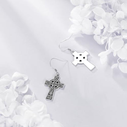 Celtic Cross Earrings Sterling Silver Cross Dangle Drop Earrings - color: Celtic