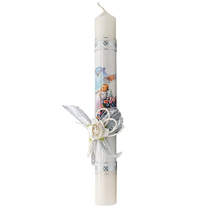 12" Baptism Paschal Candle Keepsake | Great Catholic Gift for Baptism or New Baby | Blue, Pink, or White Rose with Silver-Tone Accent Ribbons | Religious Easter Tradition (White) - color: White
