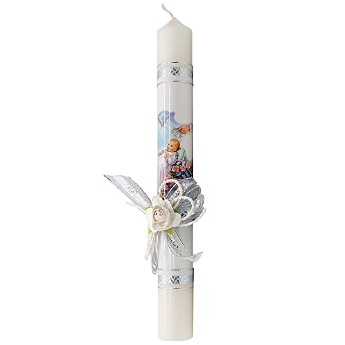 12" Baptism Paschal Candle Keepsake | Great Catholic Gift for Baptism or New Baby | Blue, Pink, or White Rose with Silver-Tone Accent Ribbons | Religious Easter Tradition (White) - color: White