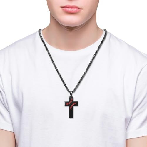 Baseball Cross Necklace for Men, Bible Verse Pendant Gifts for Birthday Christmas, Baptism Christian Religious Baseball Accessories Stuff Gifts - color: Black, style: Always Remember