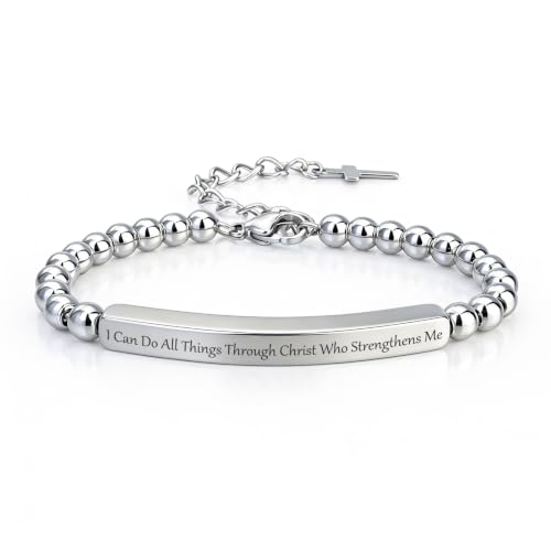 Inspirational Christian Bracelet for Women, Stainless Steel Beaded Cross Jewelry with Bible Verse, Religious Faith Gift for Mom, Daughter, Sister, Friend - color: I can do all things through Christ who strengthens me-Silver Bead