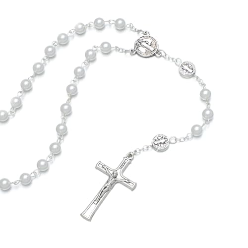 KOMI 6mm Glass Pearl Rosary Beads Catholic for Women with Metal Rosary Box Religious Gifts - style: St Benedict-white