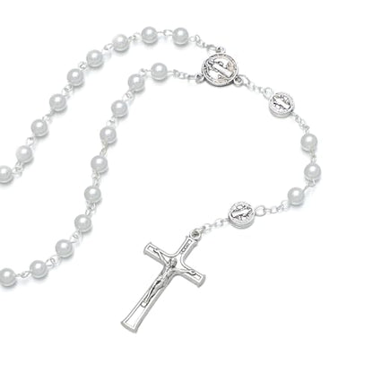 KOMI 6mm Glass Pearl Rosary Beads Catholic for Women with Metal Rosary Box Religious Gifts - style: St Benedict-white