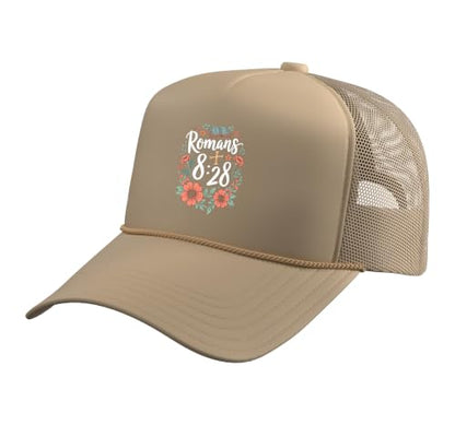 Romans 8:28 Bible Verse Flowers Cross Christian Women Trucker Hat with Adjustable Mesh Back - color: Khaki