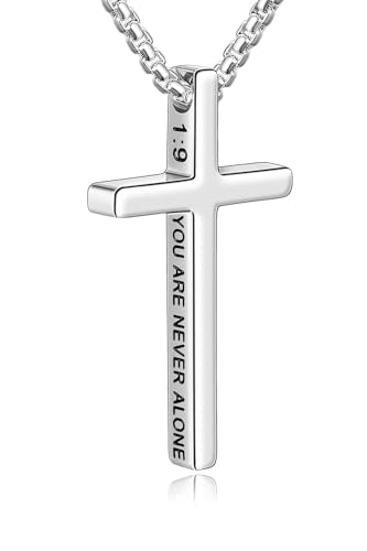 Fiusem Cross Necklace for Men, Stainless Steel Cross Pendant STXL023 - color: Silver, size: 24", style: JOSHUA 1:9