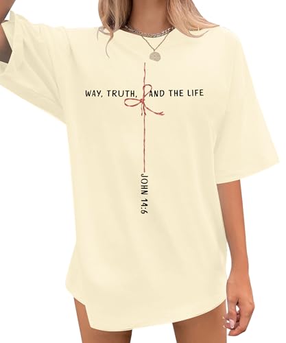 Christian Shirts for Women Oversized Bible Verse T-Shirt Jesus Religious Faithful Shirt Christ Crewneck Tee Top - color: Apricot, size: Large