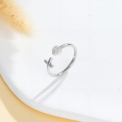 Diamond Cross Rings for Women 925 Sterling Silver Adjustable Cross Dainty Heart Rings with Lab Grown Diamond Christian Gifts for Meaningful Christmas, or Birthday Jewelry