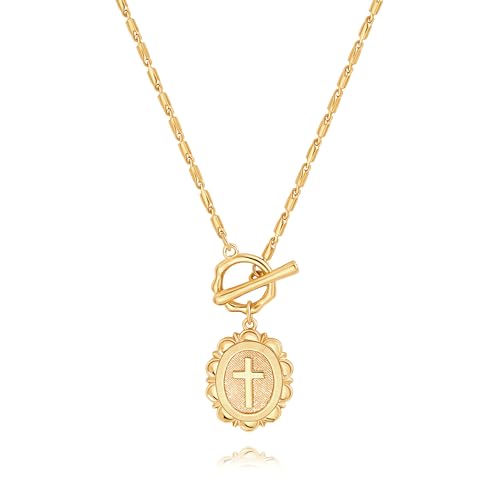SOFYBJA Saint Benedict Necklace Drop 18K Gold Toggle Medallion Coin Cross Pendant Necklaces Religious Jewelry Catholic Gift for Women - color: Gold Cross Flower
